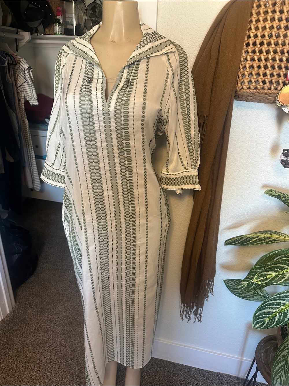 Women's White Swim Cover-Up with Olive Green Stripe Detail